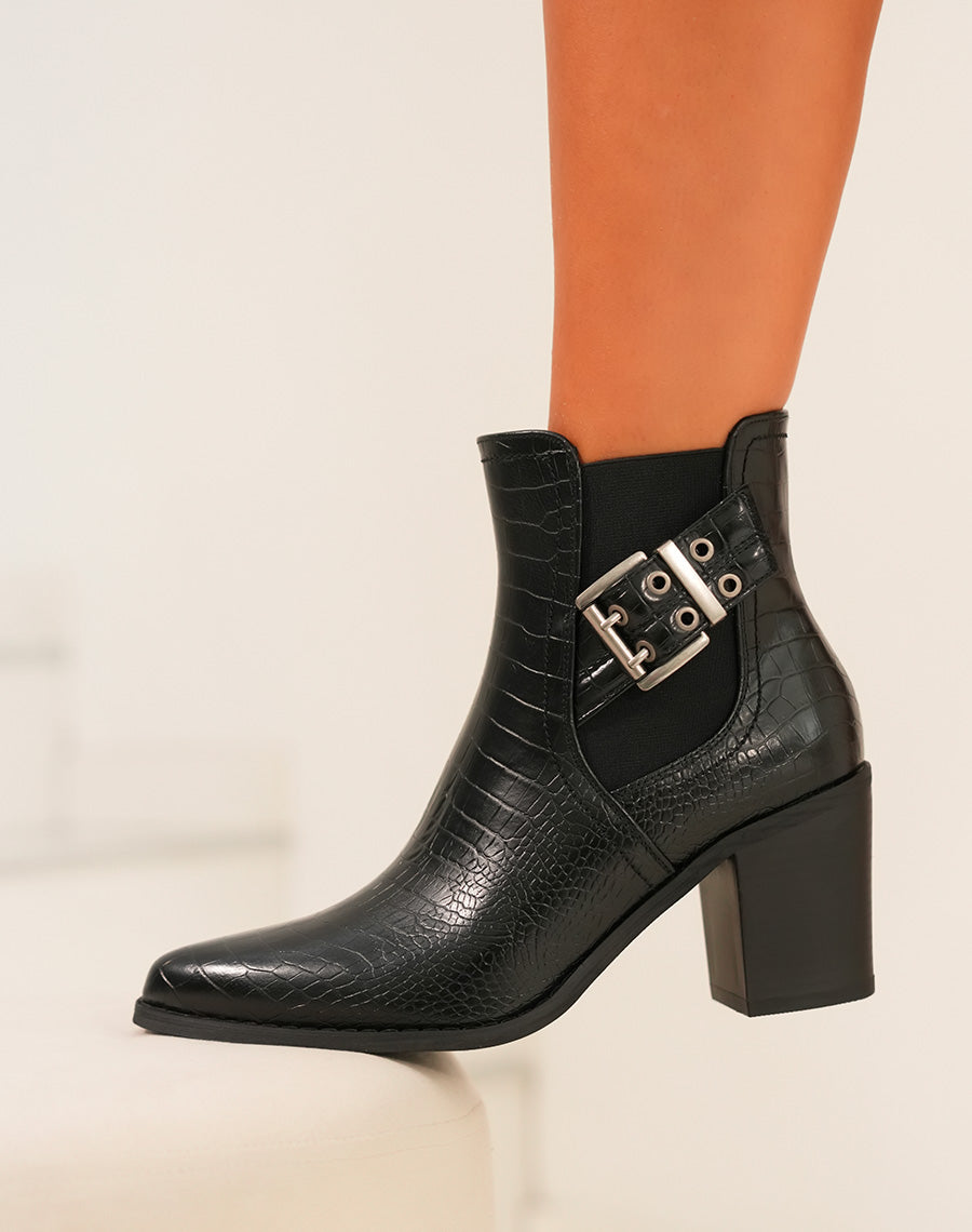 Bottines femme noires texturées avec talon et sangles argentées