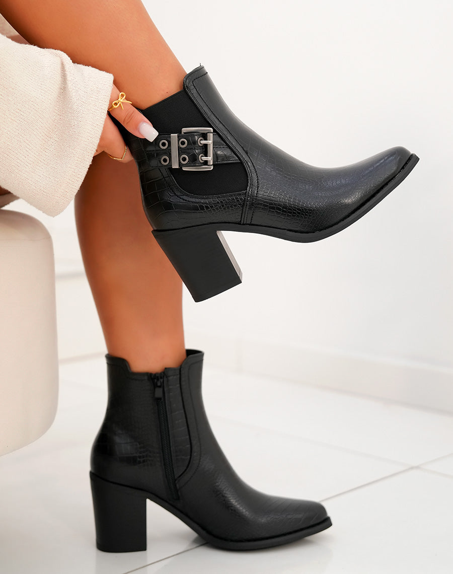 Bottines femme noires texturées avec talon et sangles argentées