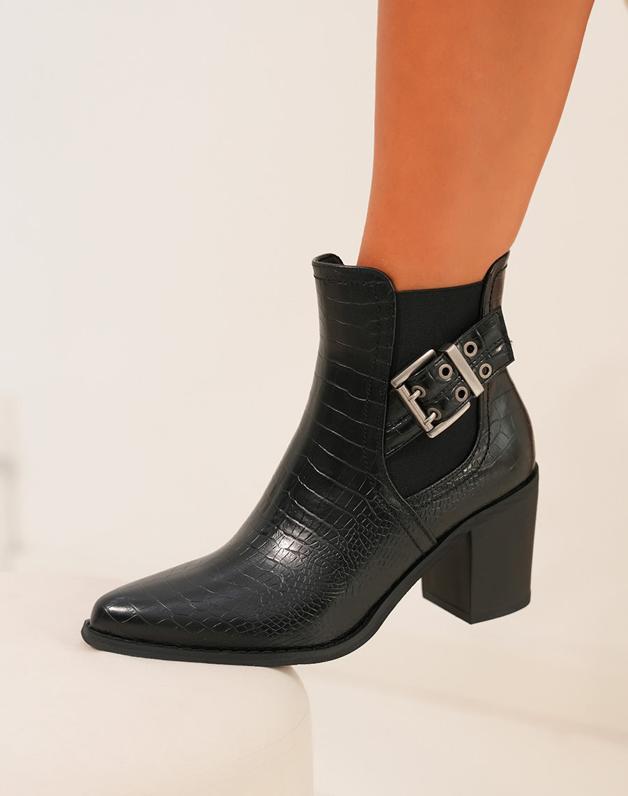 Bottines femme noires texturées avec talon et sangles argentées