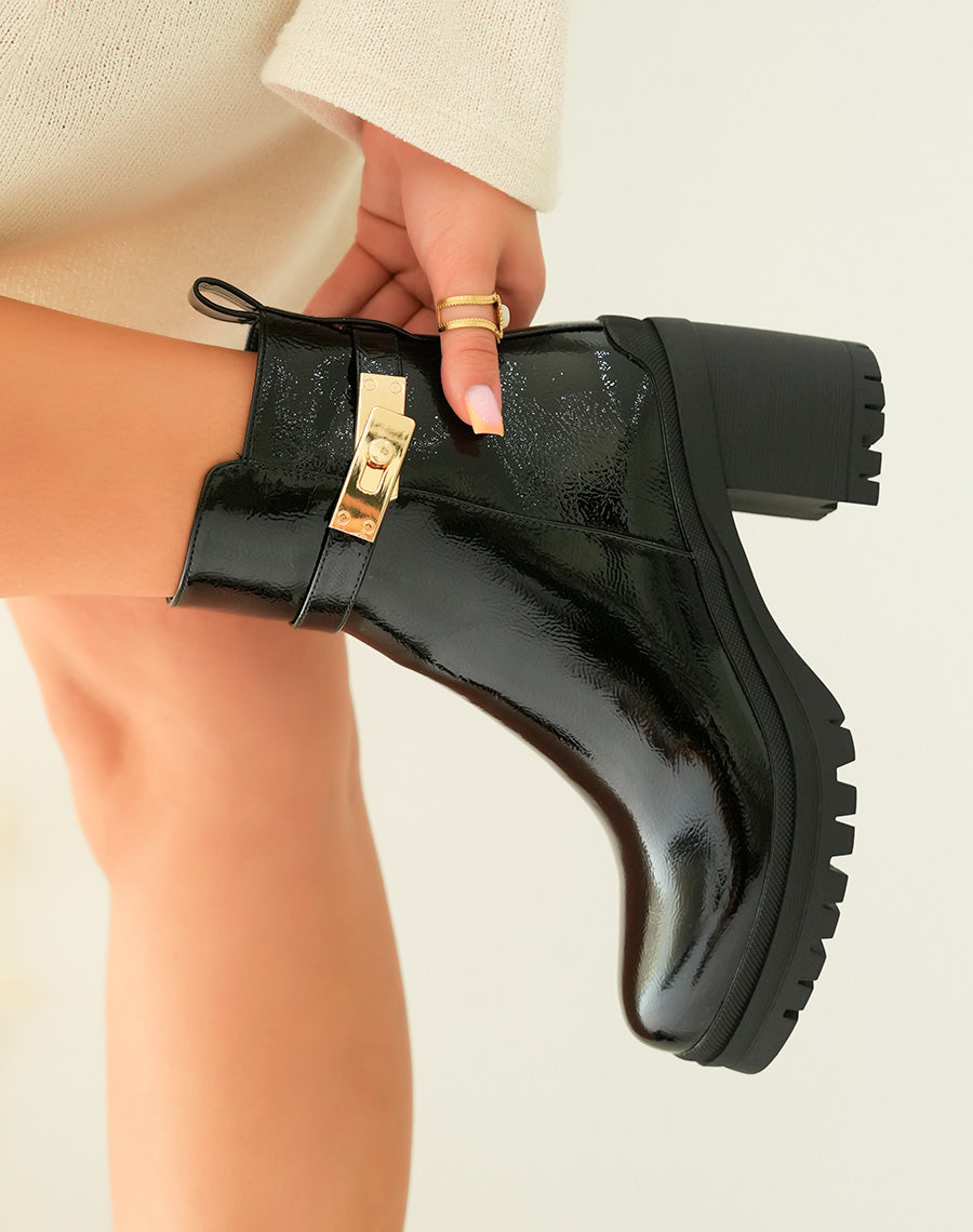 Bottines Femme Noires Vernies à Talon Cranté
