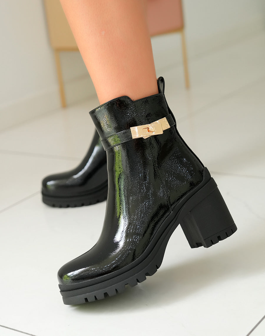 Bottines Femme Noires Vernies à Talon Cranté