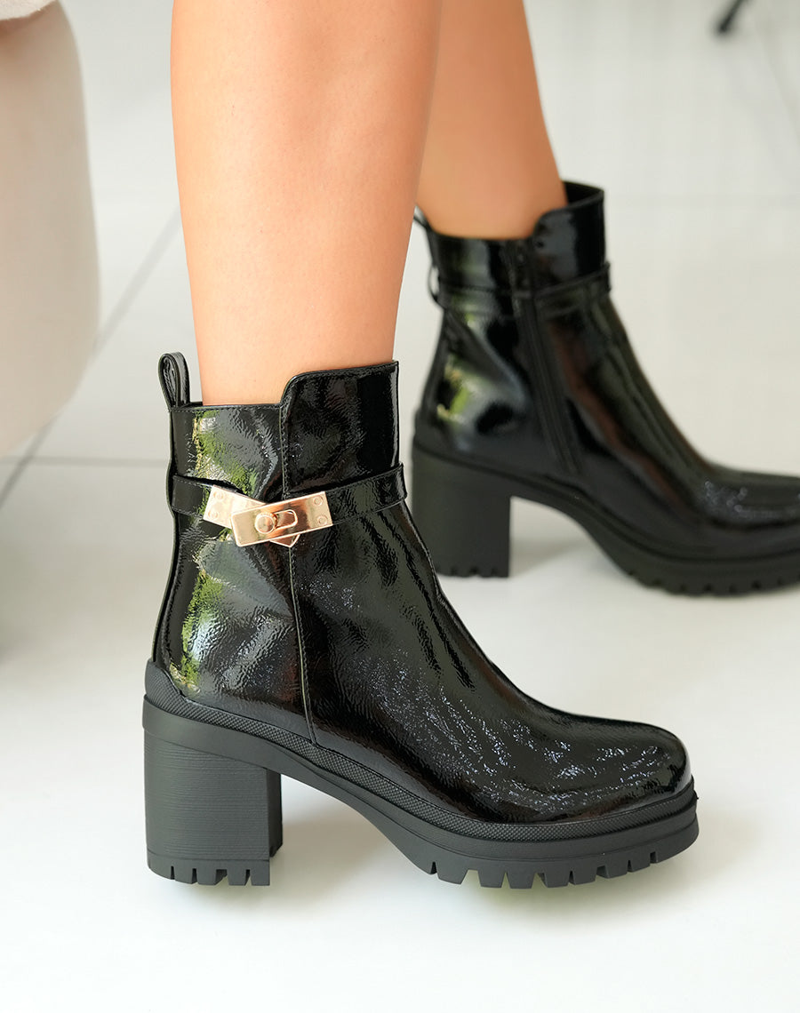 Bottines Femme Noires Vernies à Talon Cranté