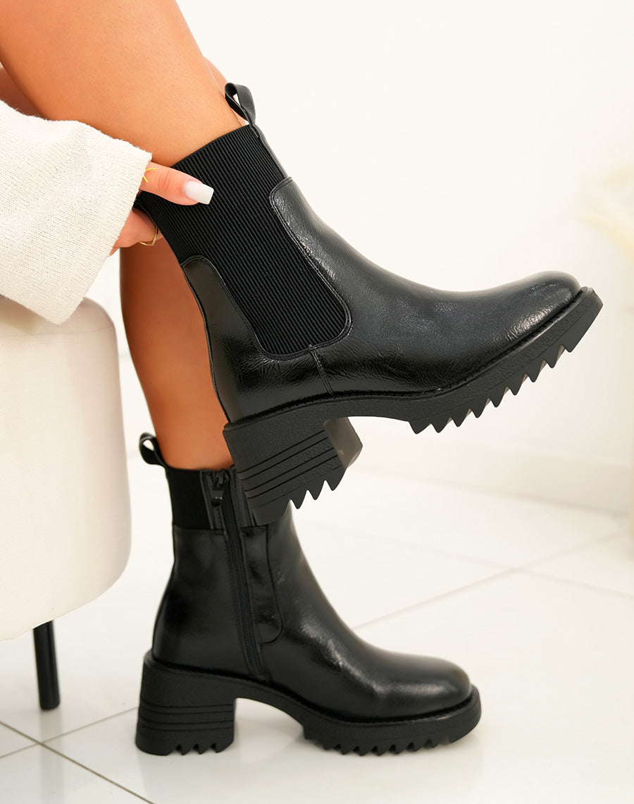 Bottines femme noires vernis effet chaussettes à semelle crantée