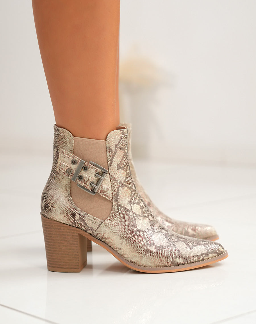 Bottines femme snake à talon avec sangles et détails argentés
