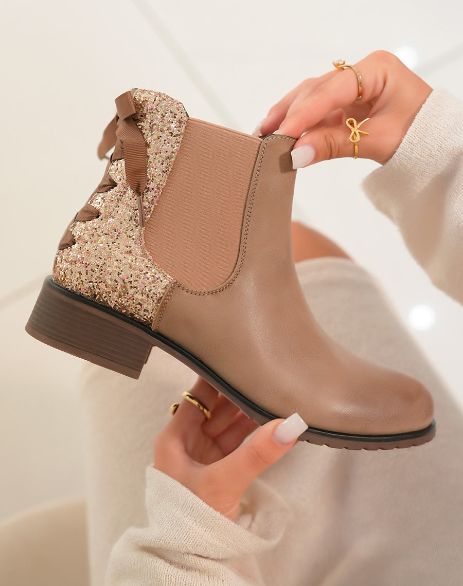 Bottines femme taupe avec empiècement pailleté et nœud décoratif