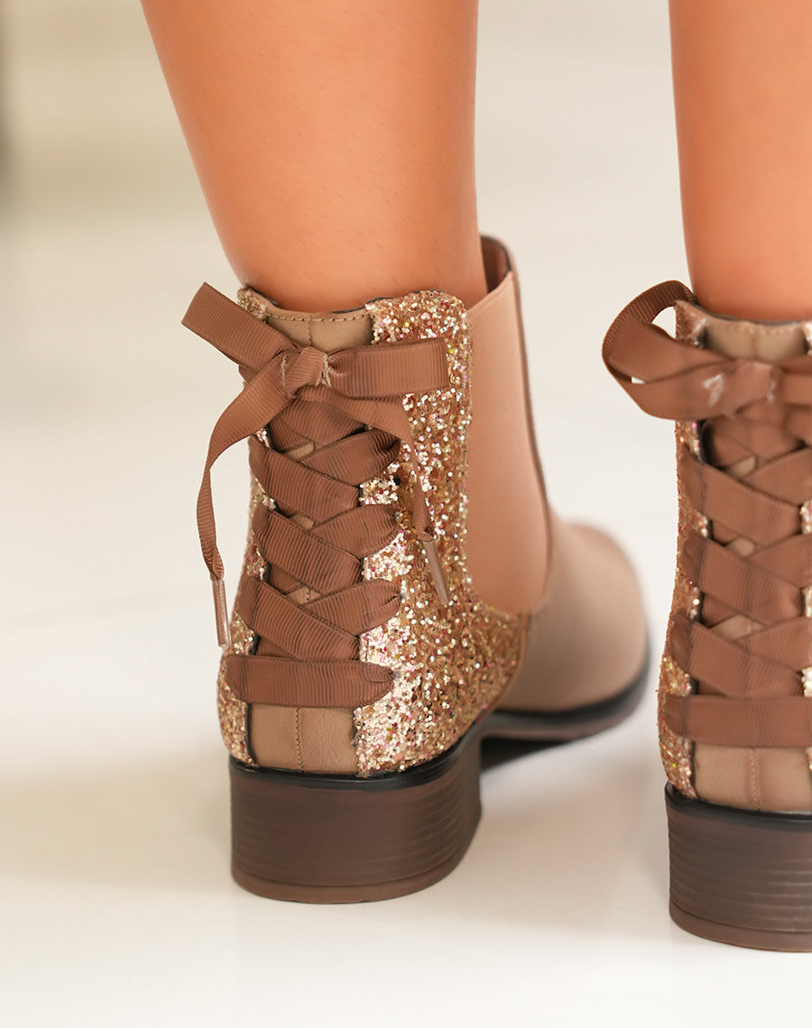 Bottines femme taupe avec empiècement pailleté et nœud décoratif