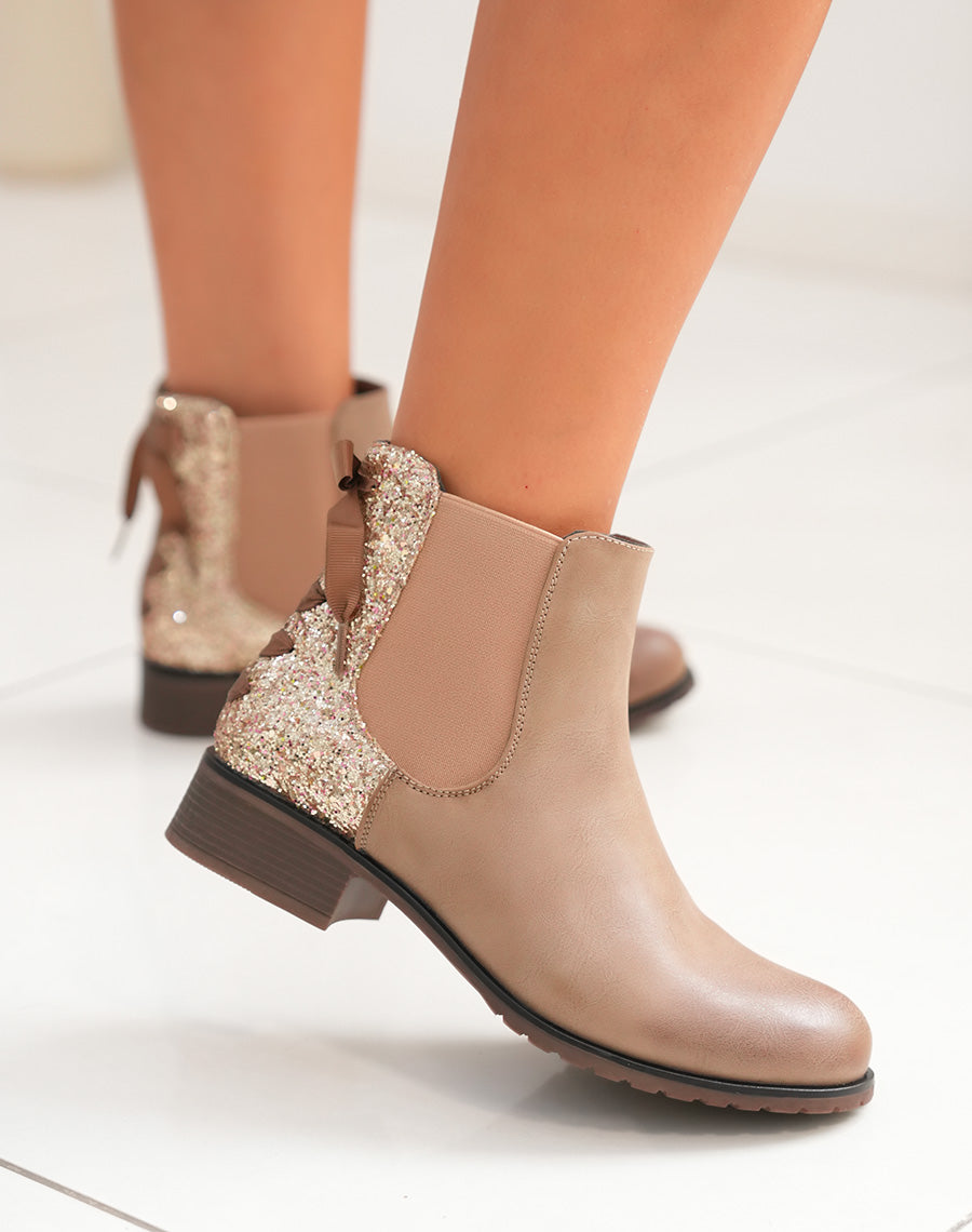 Bottines femme taupe avec empiècement pailleté et nœud décoratif