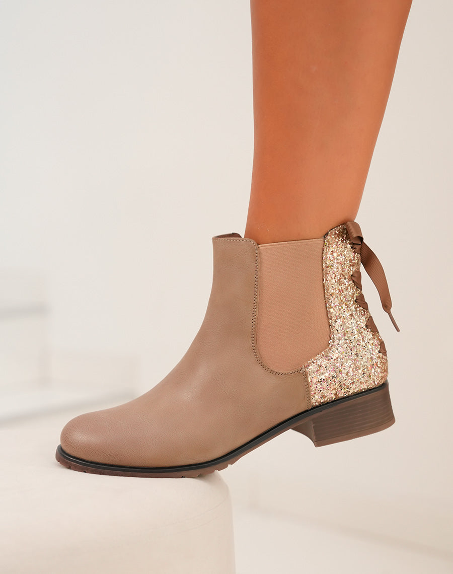 Bottines femme taupe avec empiècement pailleté et nœud décoratif