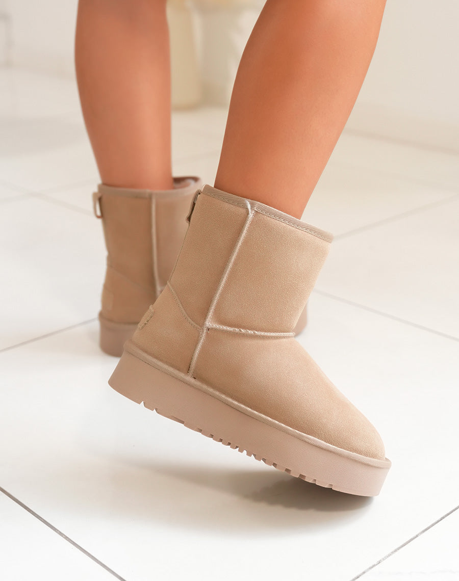 Bottines femme taupe en cuir à plateforme épaisse fourrées et tendance