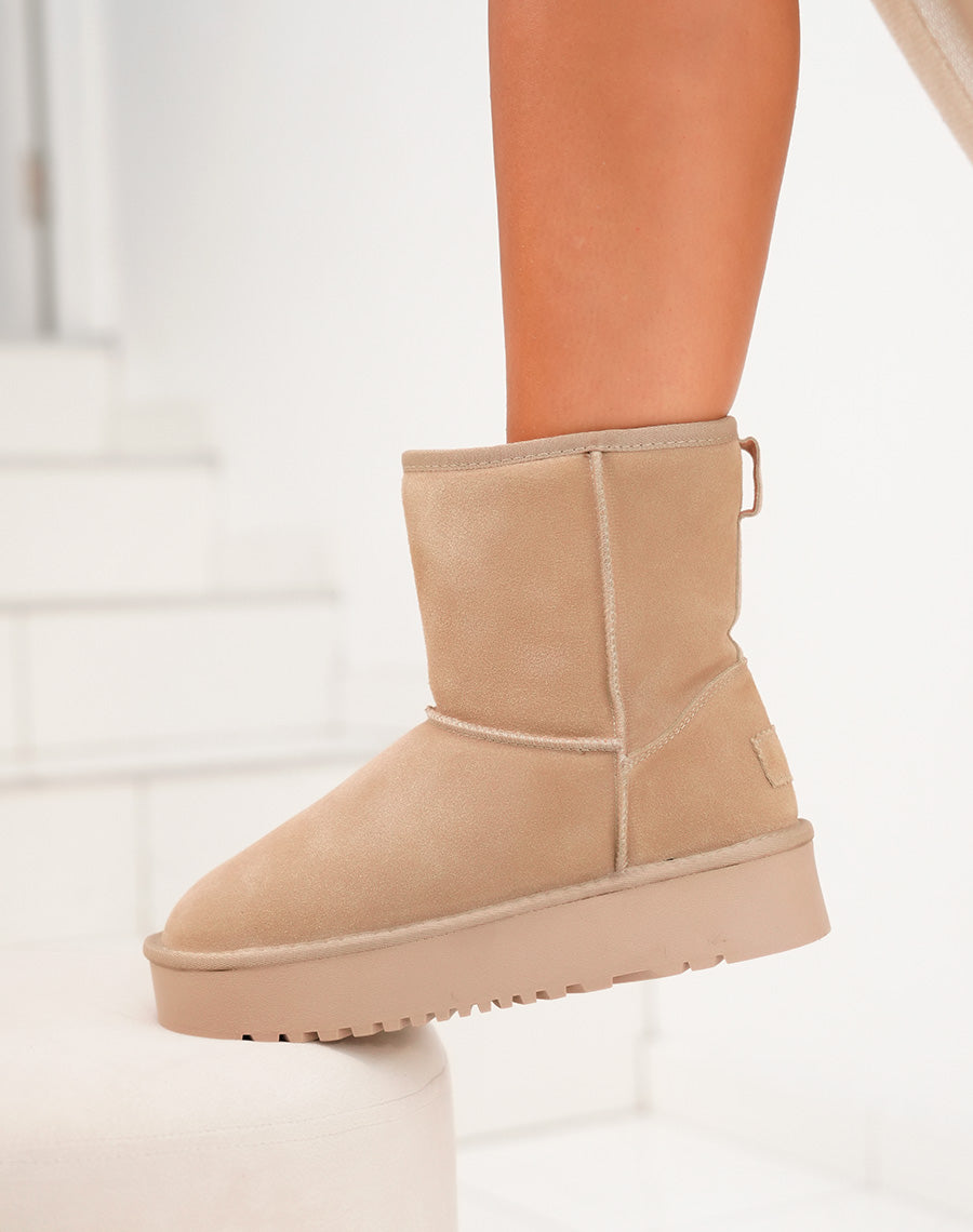 Bottines femme taupe en cuir à plateforme épaisse fourrées et tendance