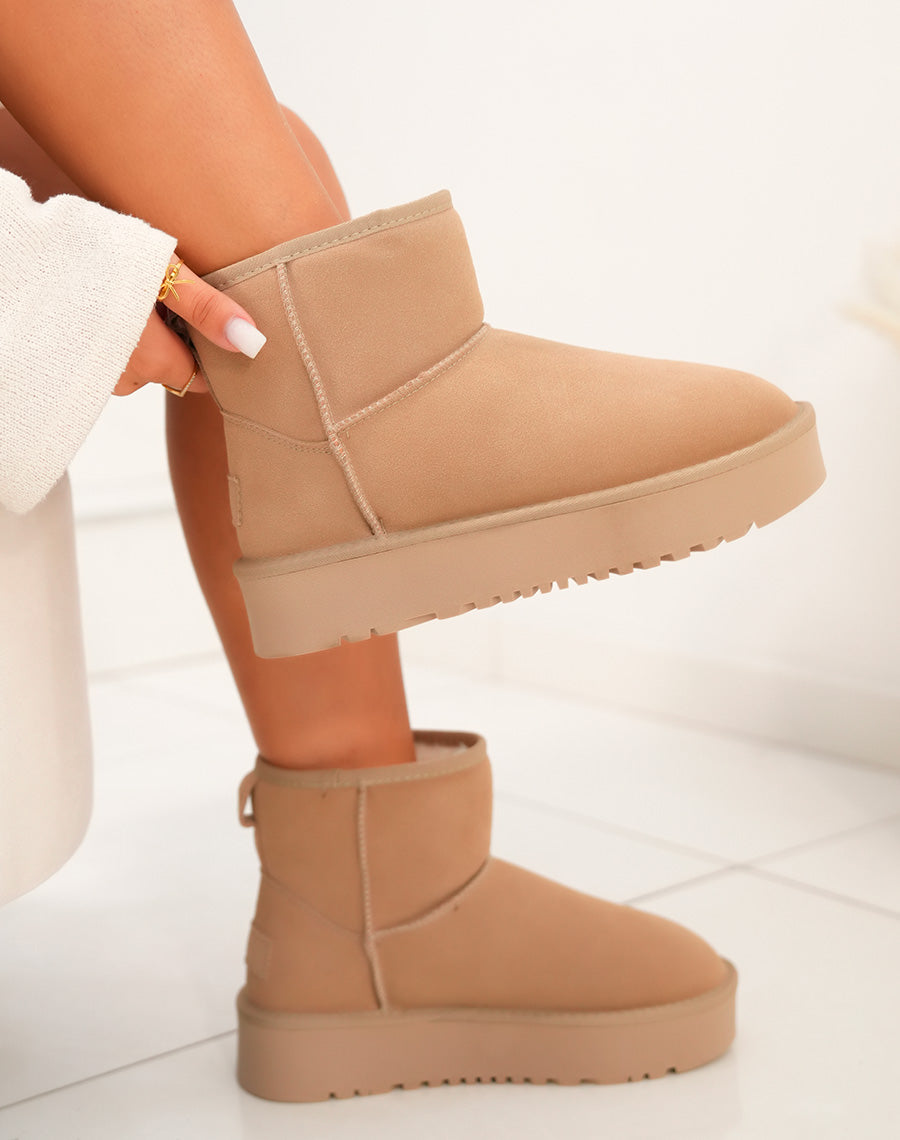 Bottines femme taupe mi-hautes en cuir à plateforme épaisse fourrées et tendance