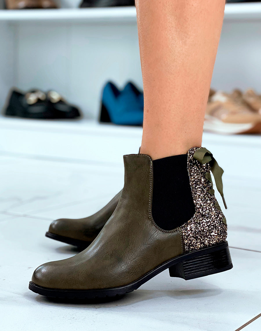 Bottines Femme Vert Kaki Pétillantes : Paillettes Nœud & Élasticité