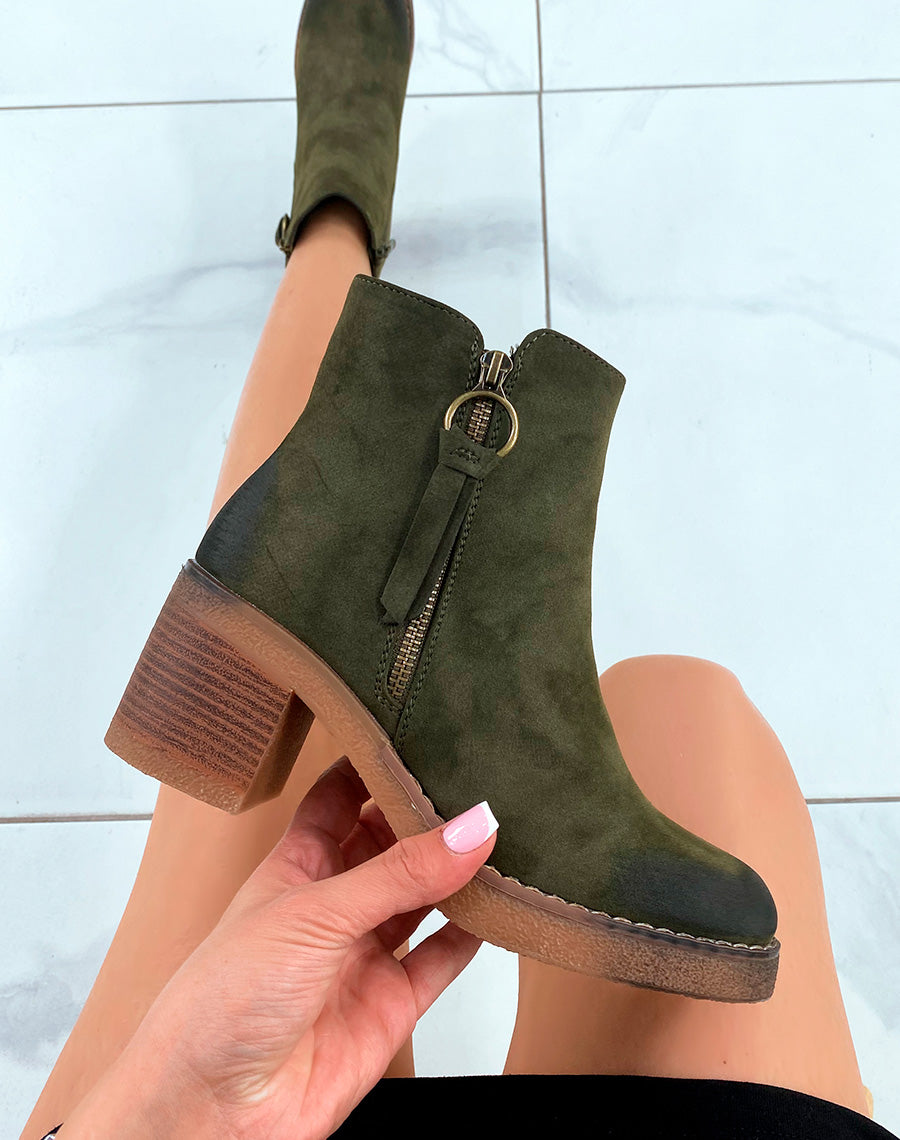 Bottines Femme Vert Subtiles : Effet Daim & Zip