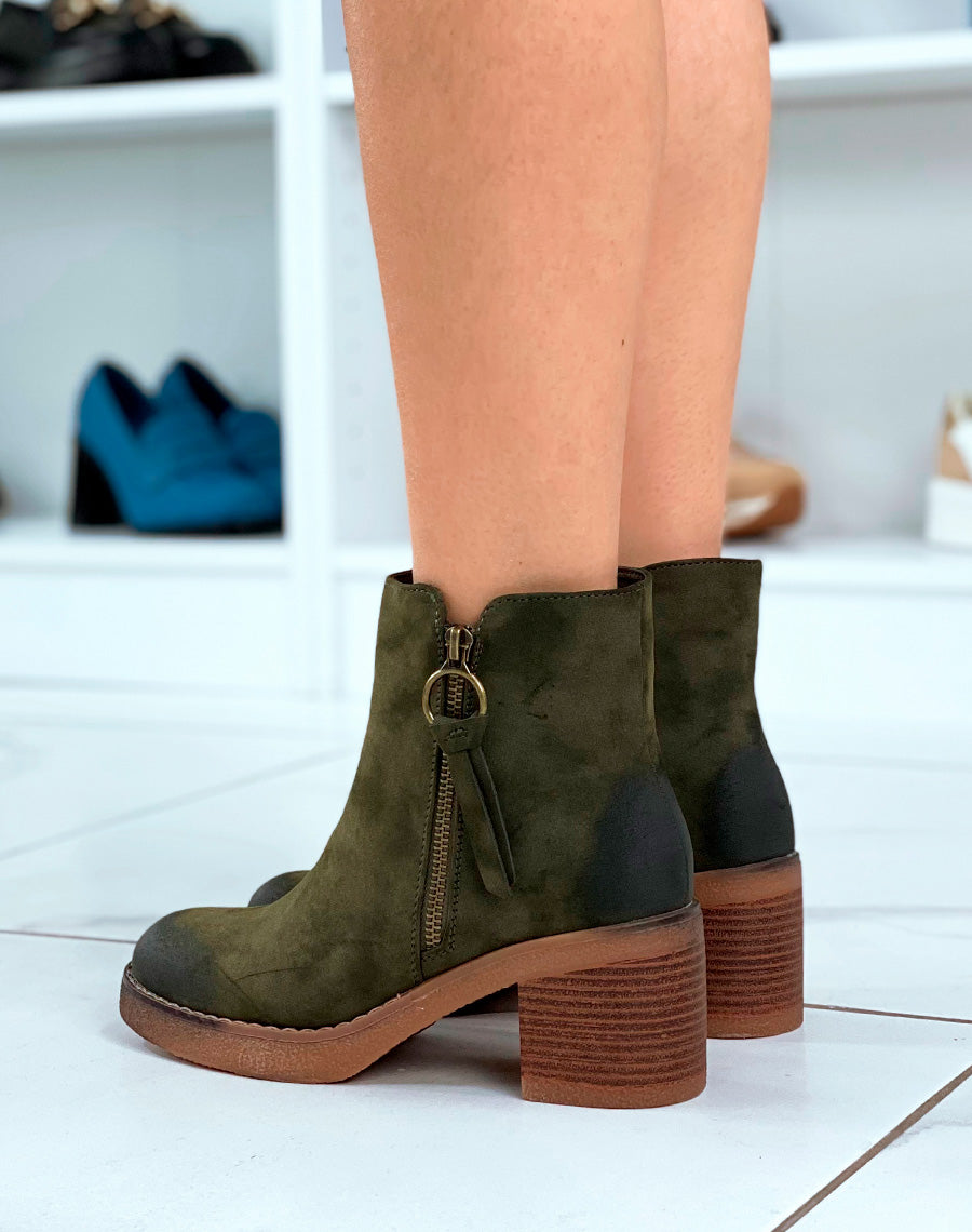 Bottines Femme Vert Subtiles : Effet Daim & Zip