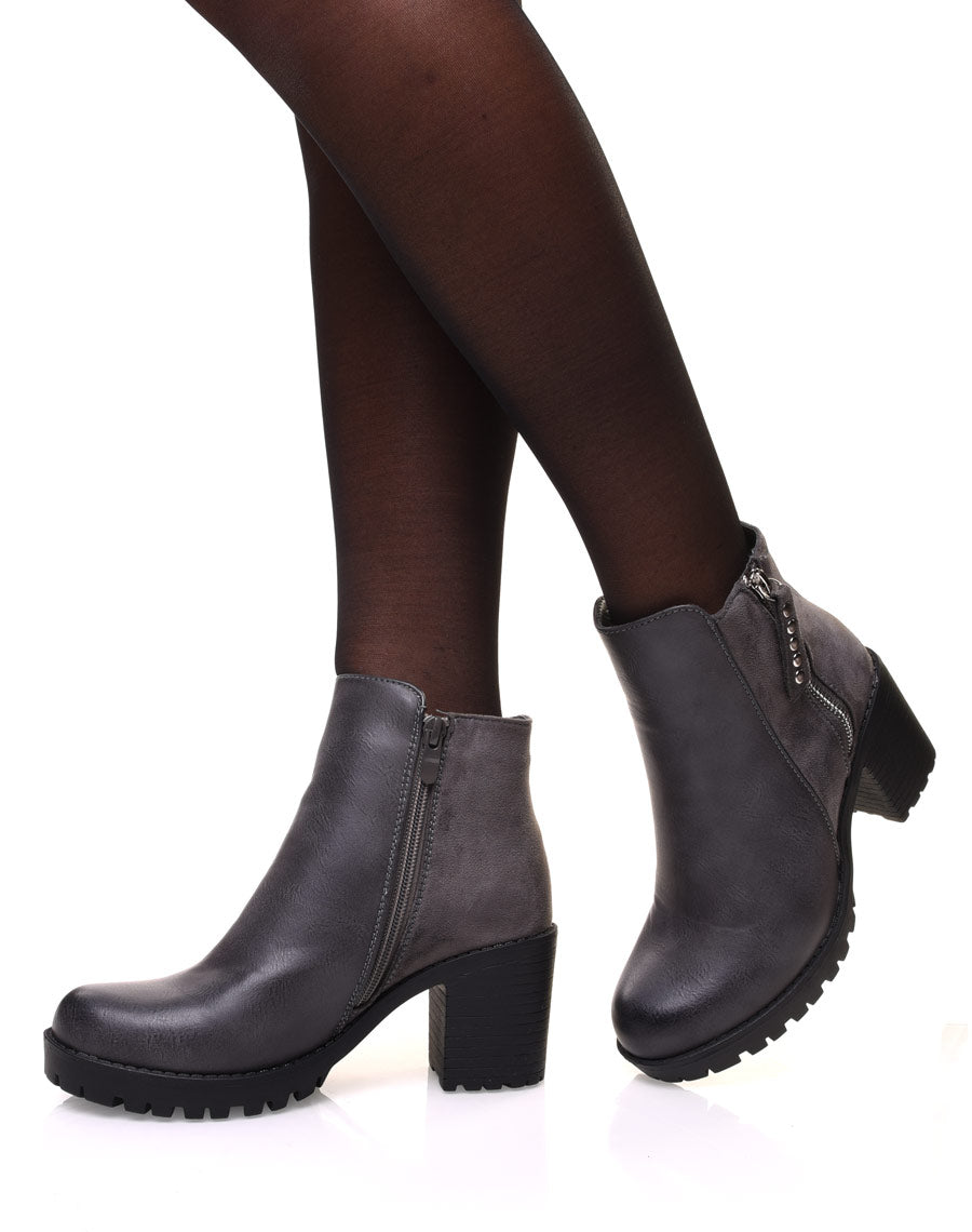 Bottines grises bi matières à talon mi haut