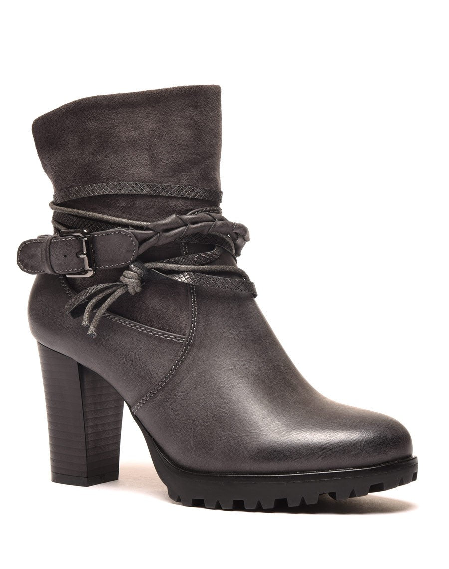 Bottines grises bi matières à talons et lanières multiples