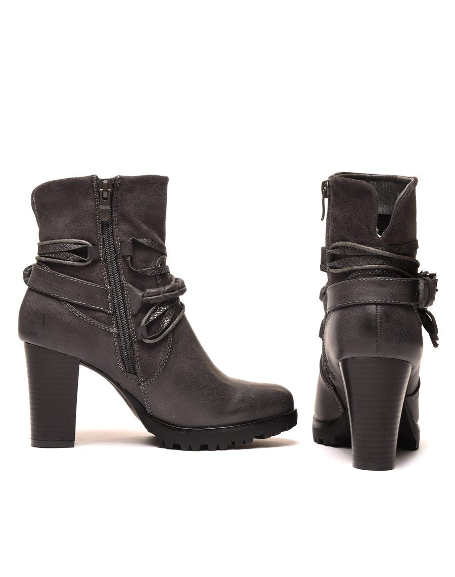 Bottines grises bi matières à talons et lanières multiples