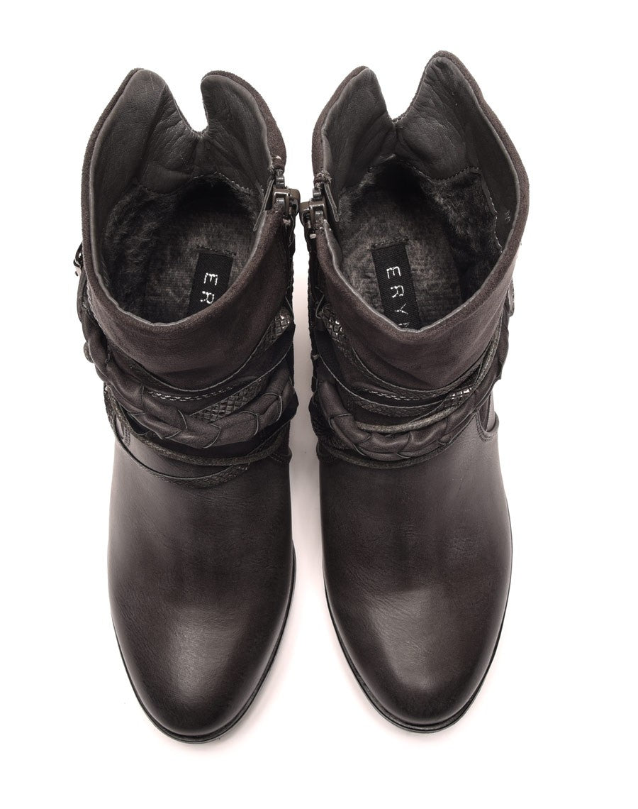 Bottines grises bi matières à talons et lanières multiples