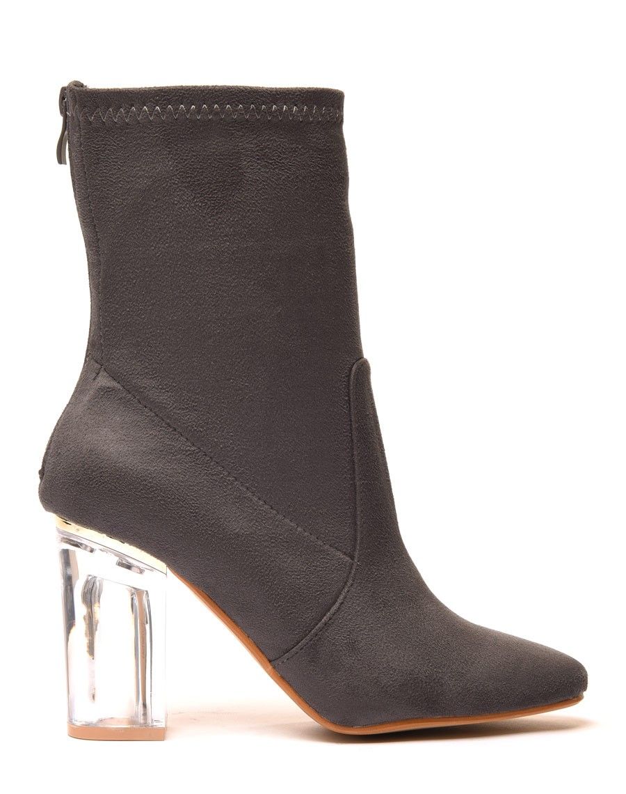 Bottines grises à talon transparent et haut souple