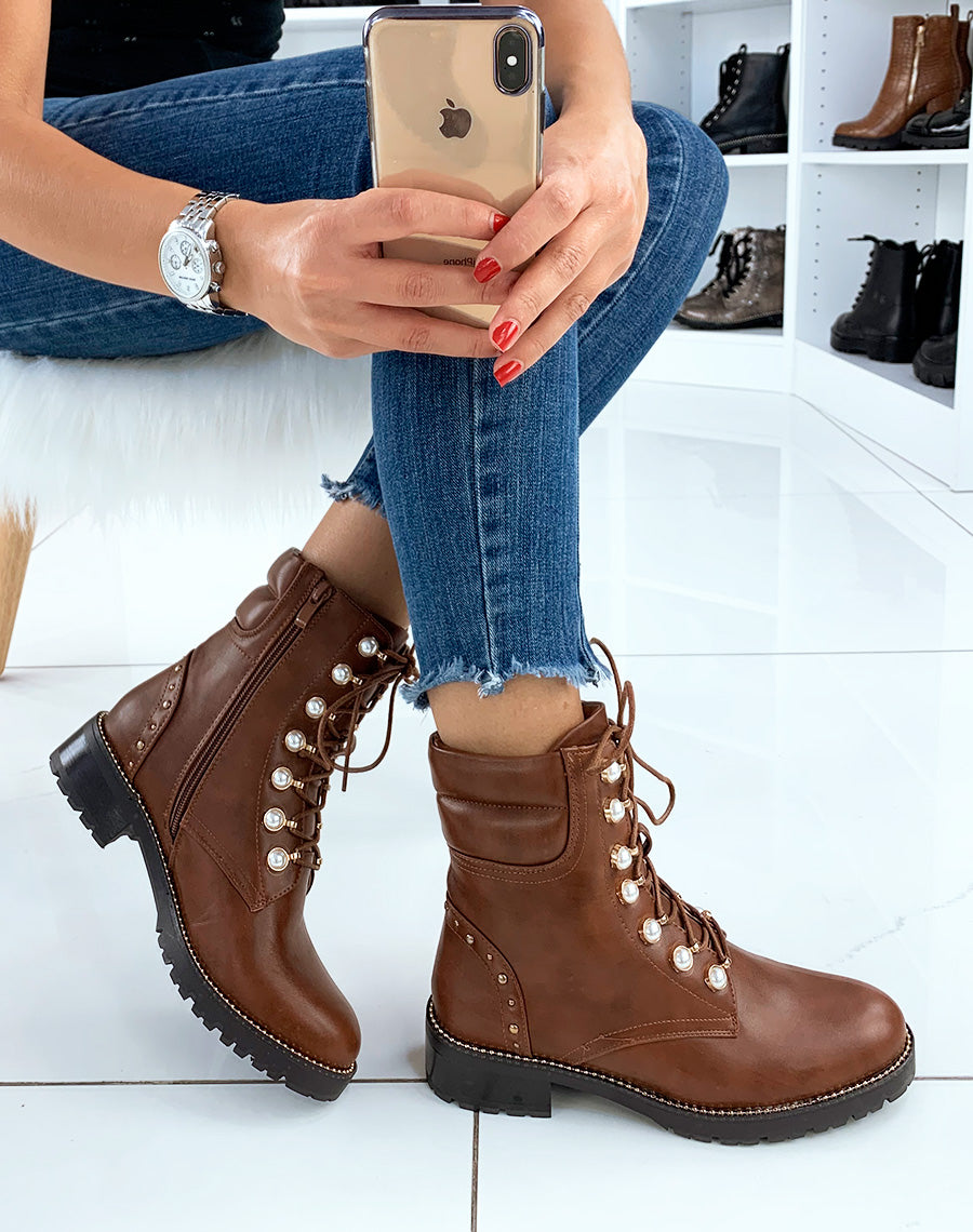 Bottines hautes camel à perles