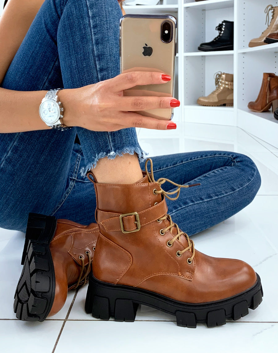 Bottines hautes camel à plateforme