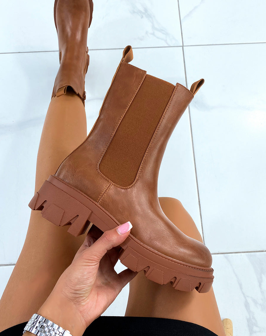 Bottines hautes camel à semelle crantée