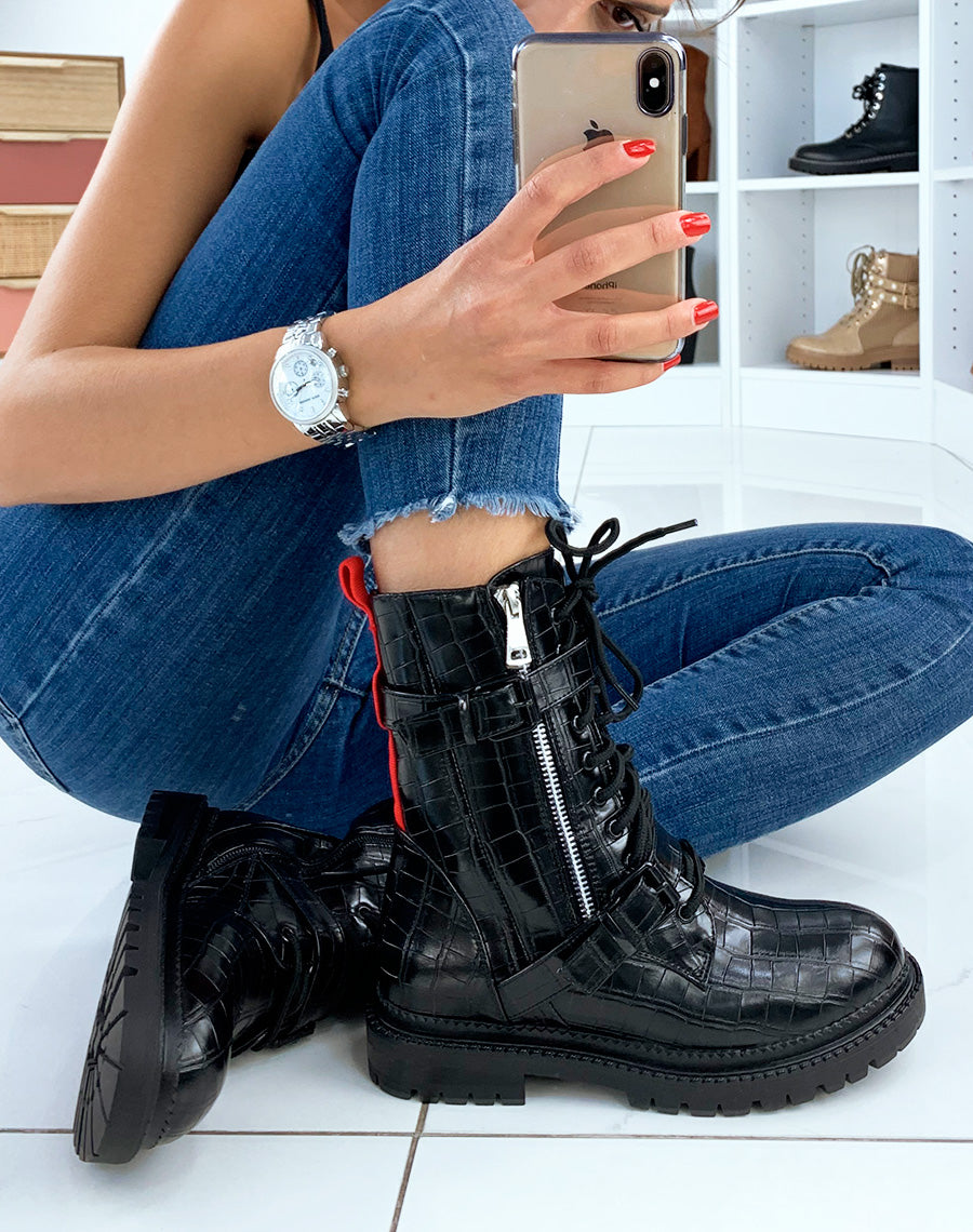 Bottines hautes noires effet croco
