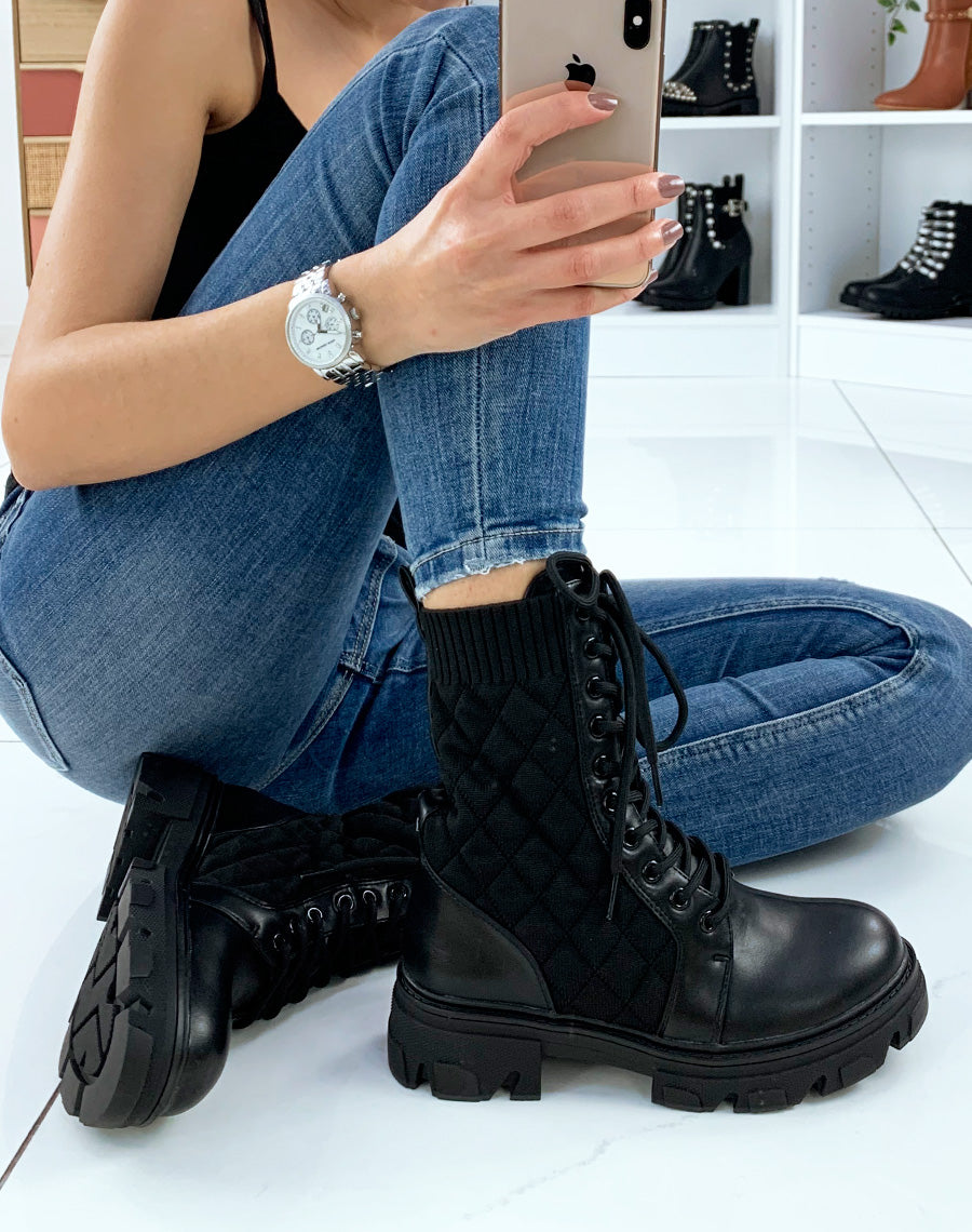 Bottines hautes noires matelassés à semelle crantée