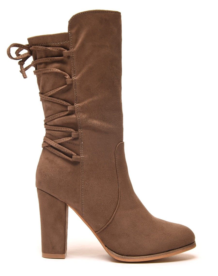 Bottines hautes suédines taupes avec lacet arrière