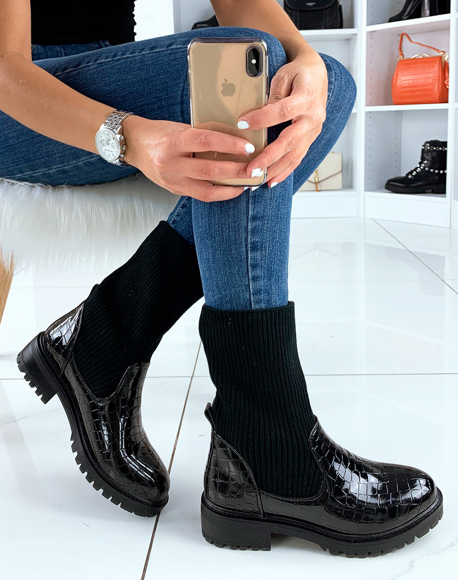 Bottines hautes vernies noires effet chaussette