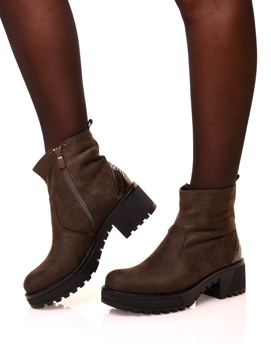 Bottines kaki en suédine à talon épais