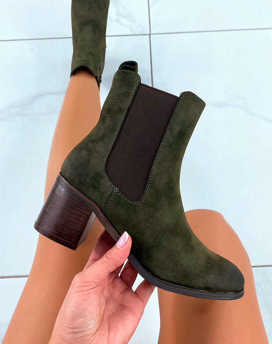 Bottines Kaki en Suédine à Talon : Un Style Tendance pour la Femme Moderne