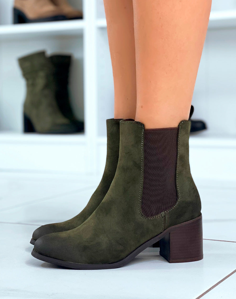 Bottines Kaki en Suédine à Talon : Un Style Tendance pour la Femme Moderne