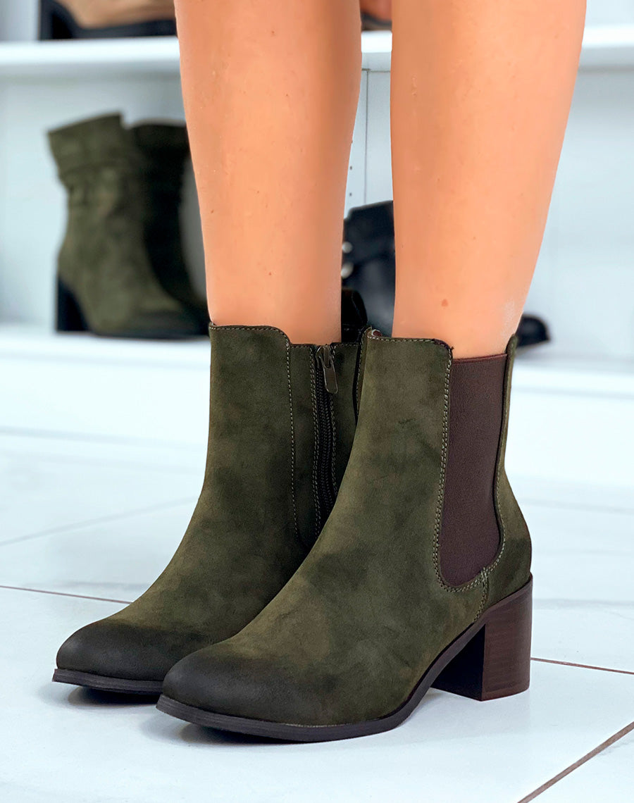 Bottines Kaki en Suédine à Talon : Un Style Tendance pour la Femme Moderne