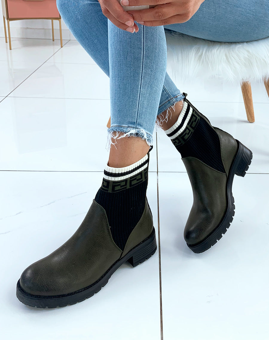 Bottines kaki mat effet chaussettes