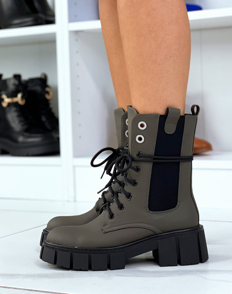 Bottines Kaki montantes à lacet et à zip et à détails strass