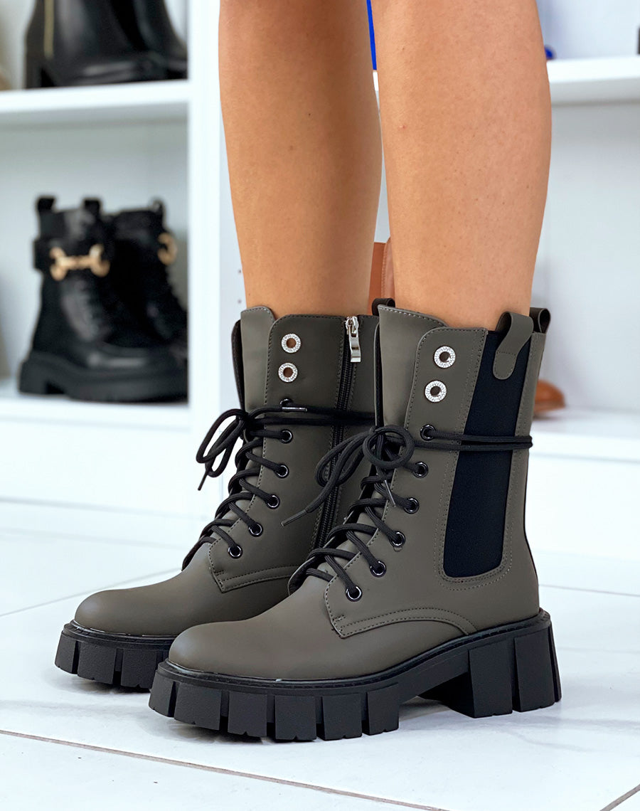 Bottines Kaki montantes à lacet et à zip et à détails strass