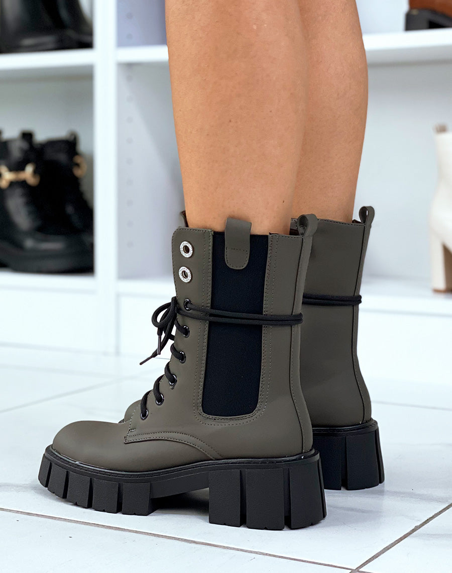 Bottines Kaki montantes à lacet et à zip et à détails strass