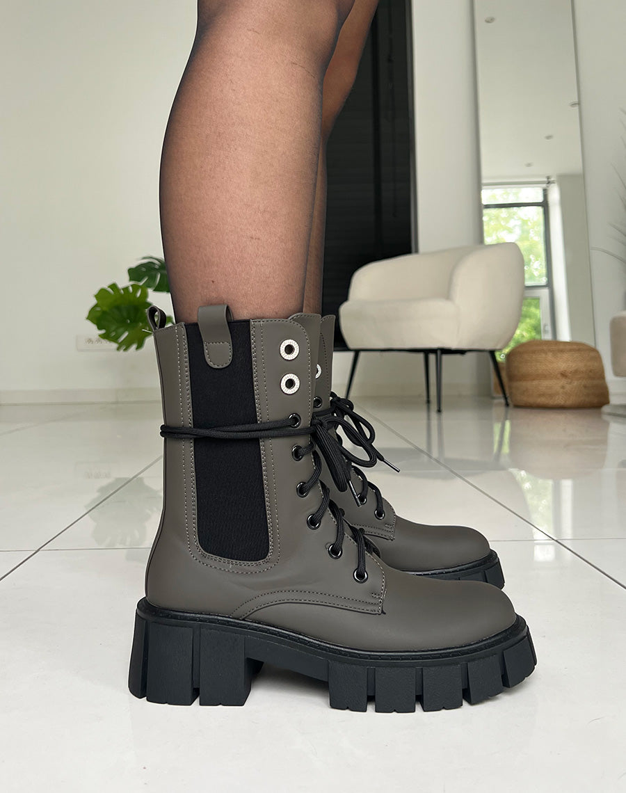 Bottines Kaki montantes à lacet et à zip et à détails strass