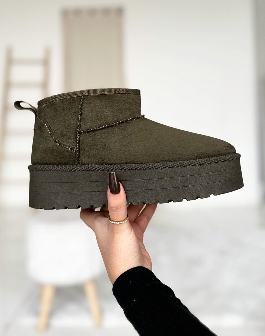 Bottines kaki à plateforme fourrées en suédine