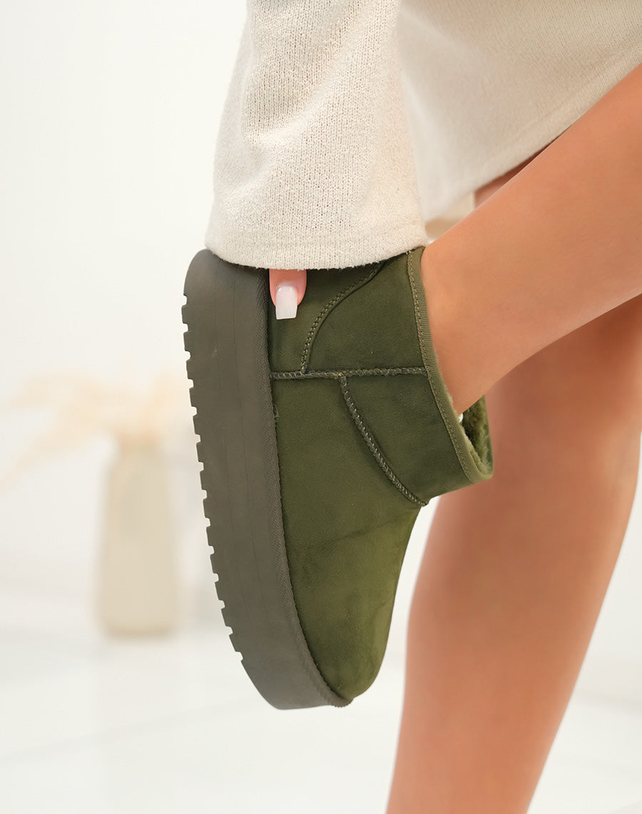 Bottines kaki à plateforme fourrées en suédine