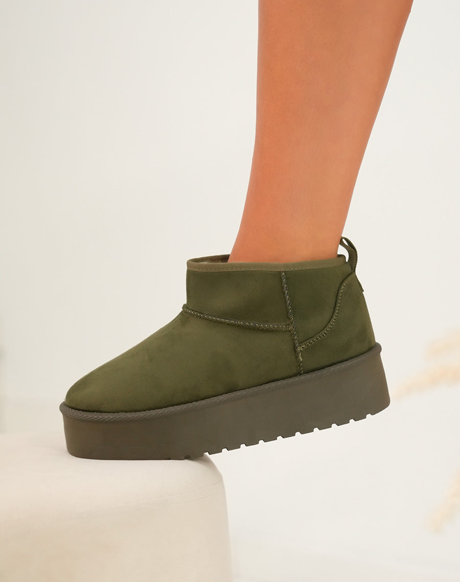 Bottines kaki à plateforme fourrées en suédine