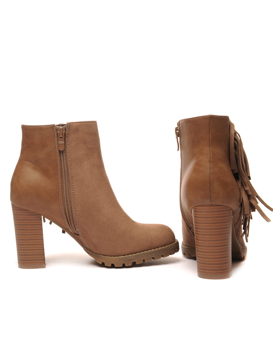 Bottines kaki à talons bi-matière avec franges latérales