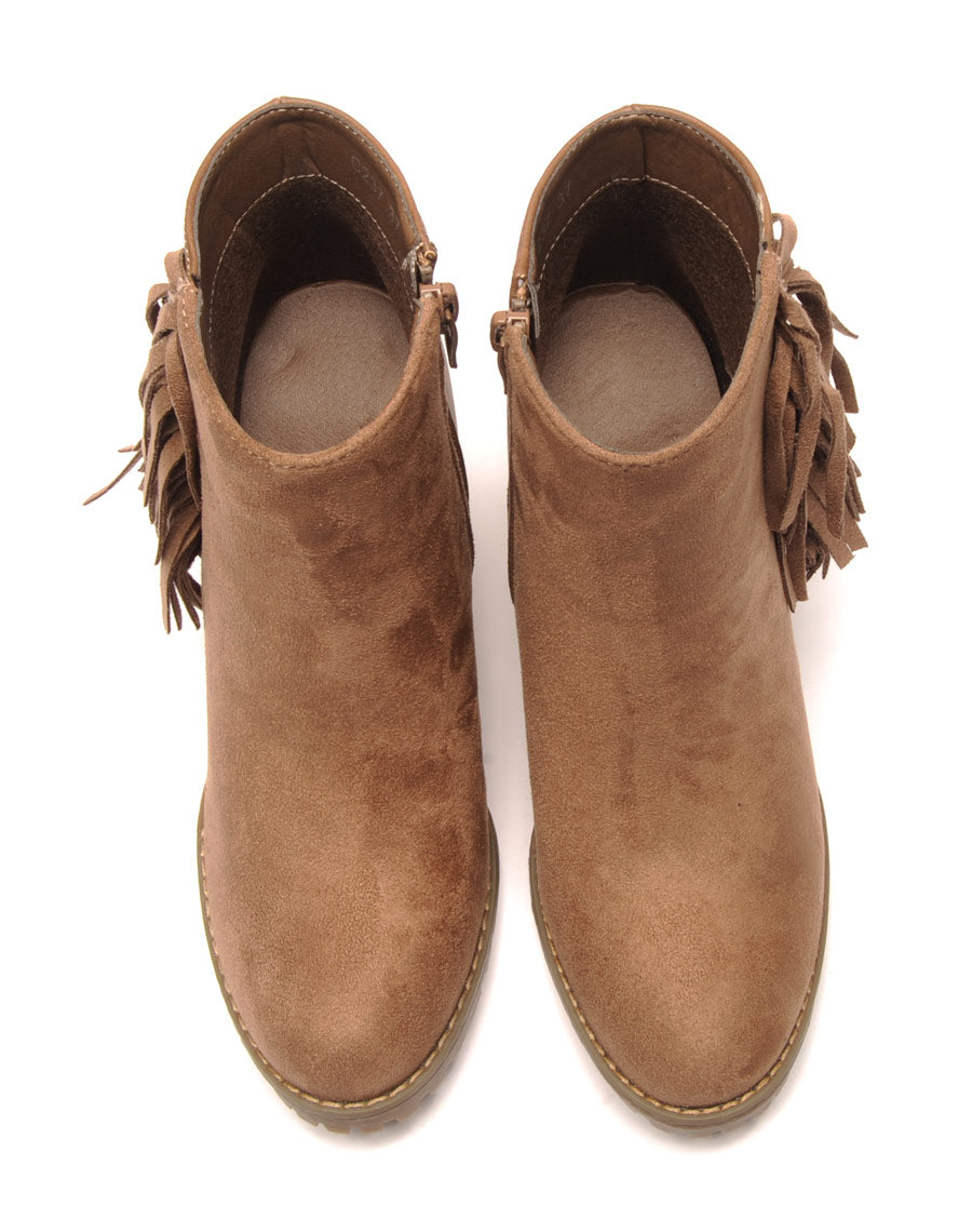 Bottines kaki à talons bi-matière avec franges latérales