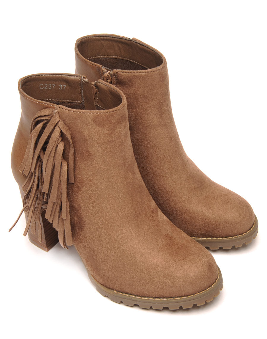 Bottines kaki à talons bi-matière avec franges latérales