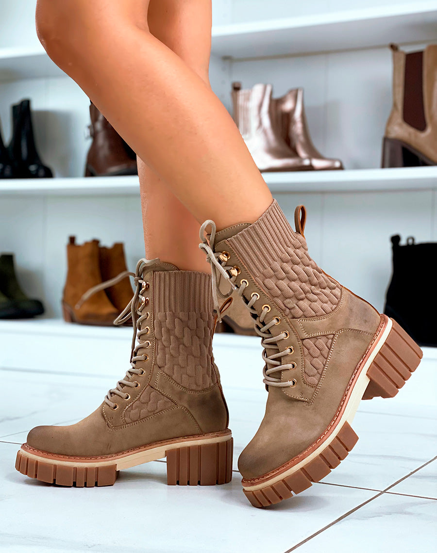 Bottines Marron Montantes à Lacets Effet Chaussette