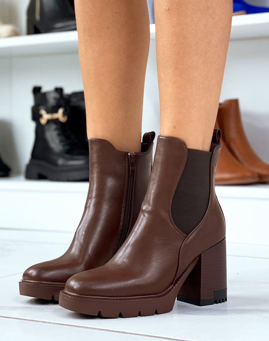 Bottines marrons inspiration chelsea à haut talon épais