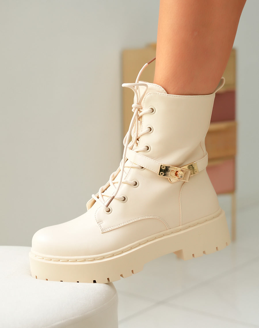 Bottines Montantes Beige Femme à Semelle Crantée avec Détails Dorés