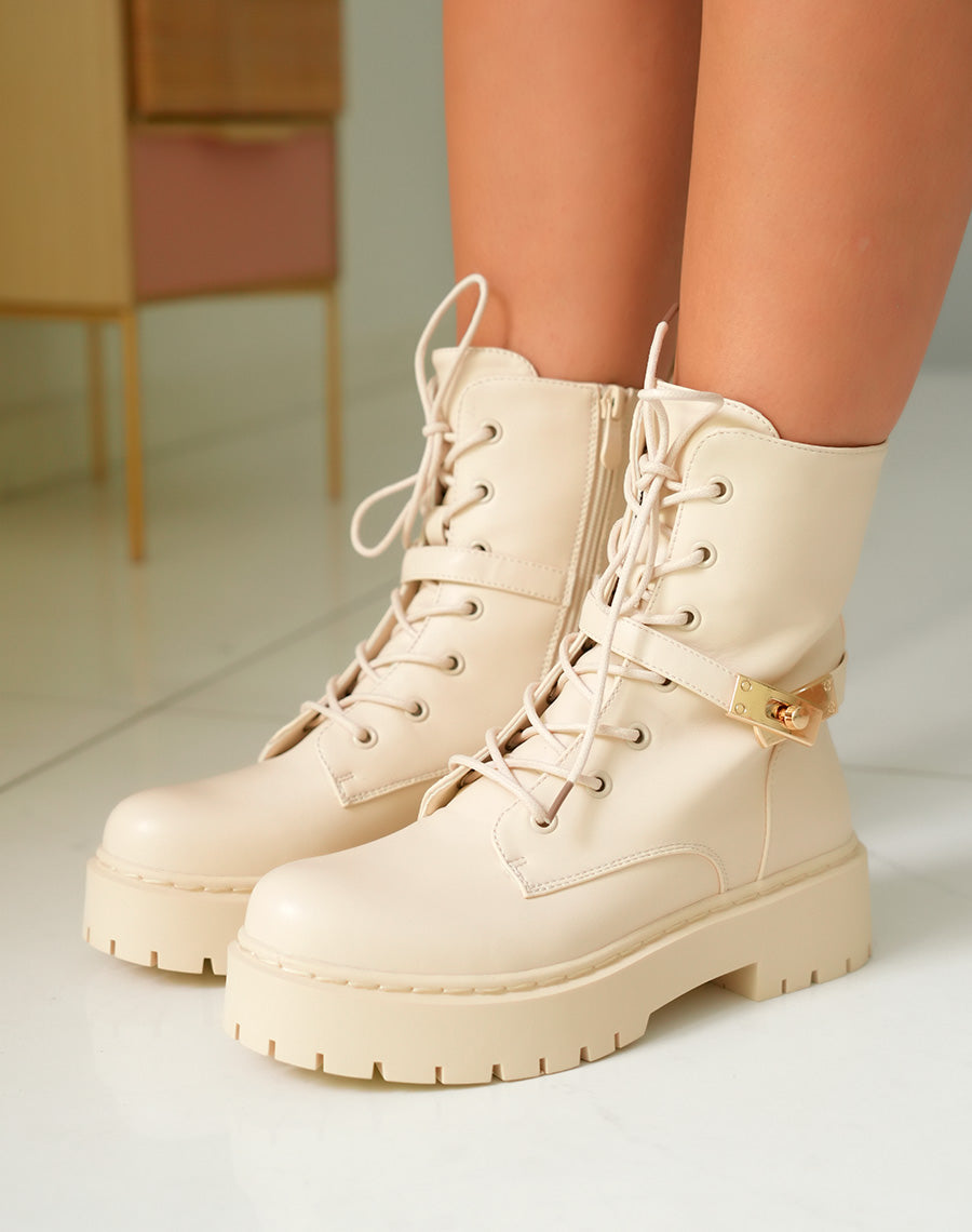 Bottines Montantes Beige Femme à Semelle Crantée avec Détails Dorés