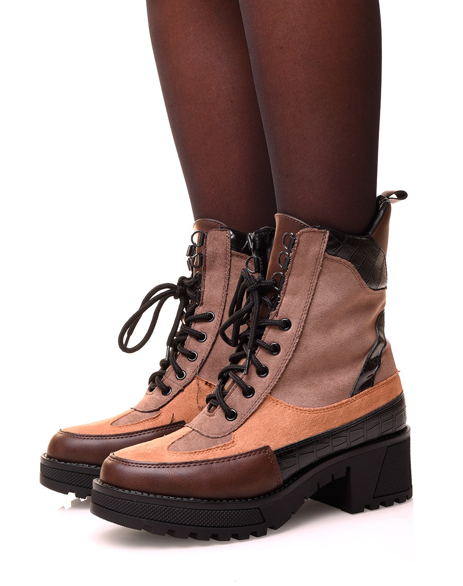 Bottines montantes camel bi-matières